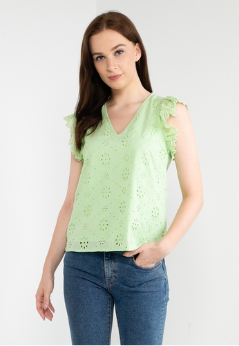 Vero Moda green Lea Embroidery Short Sleeves V-Neck Frill Top 46773AA68560AEGS_1