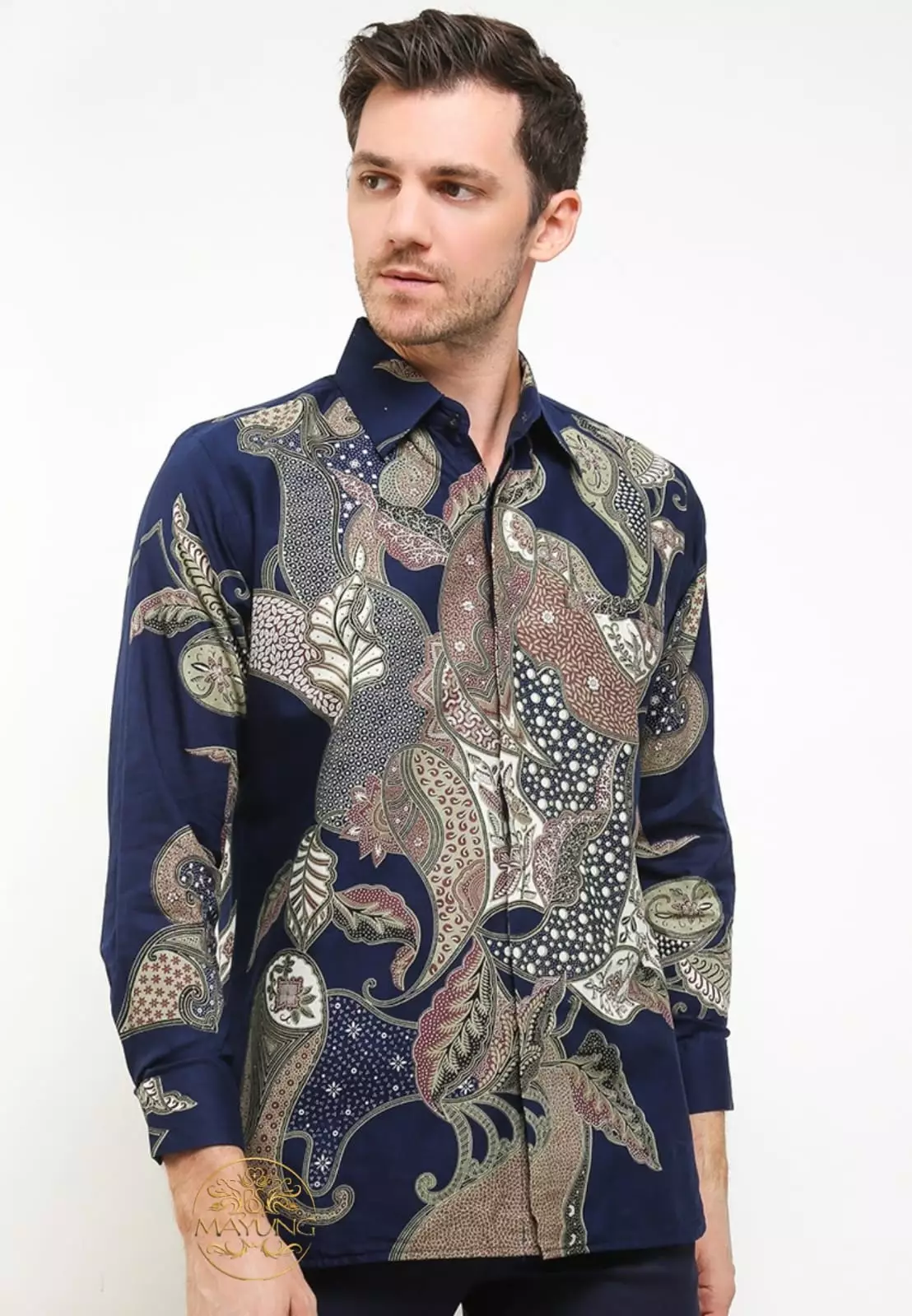 Laurendra Navy Kemeja Batik Pria Premium Slimfit Modern Lengan Panjang