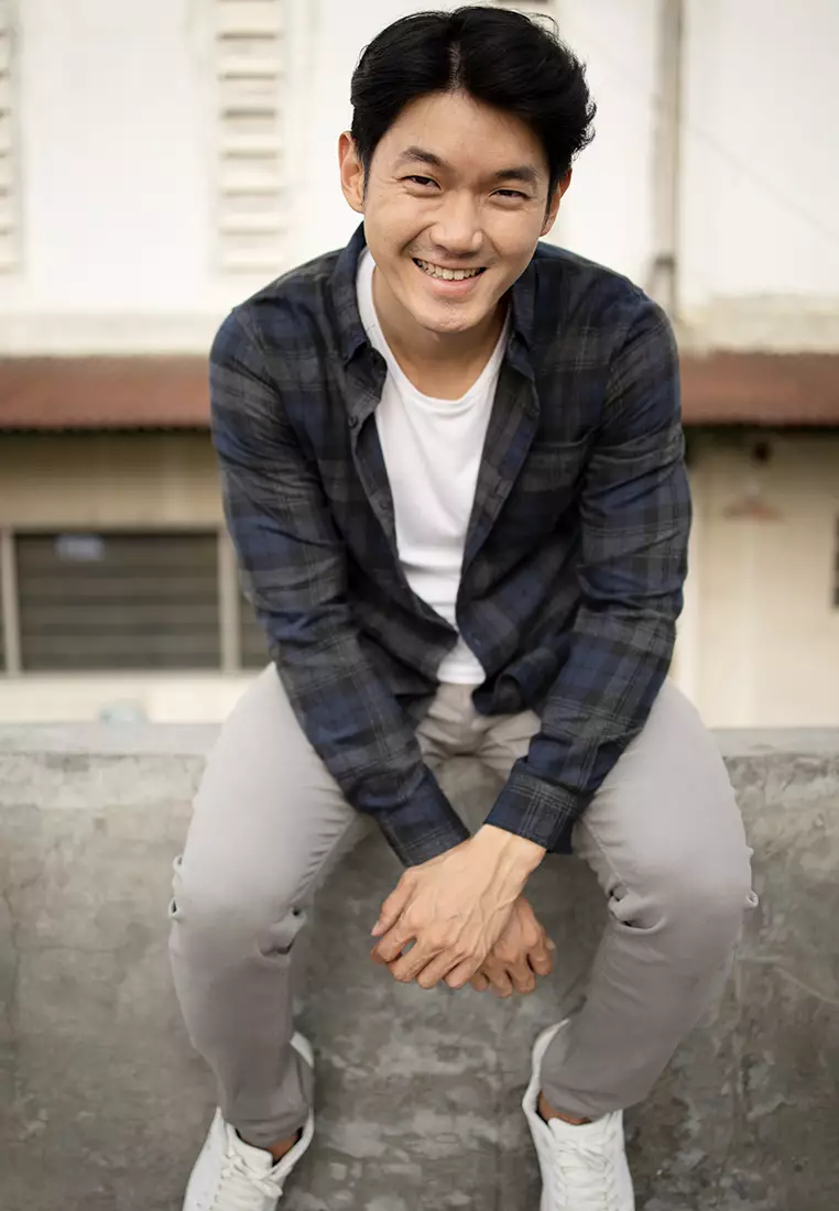 Kemeja Flannel Cotton tangan panjang blue grey 2024