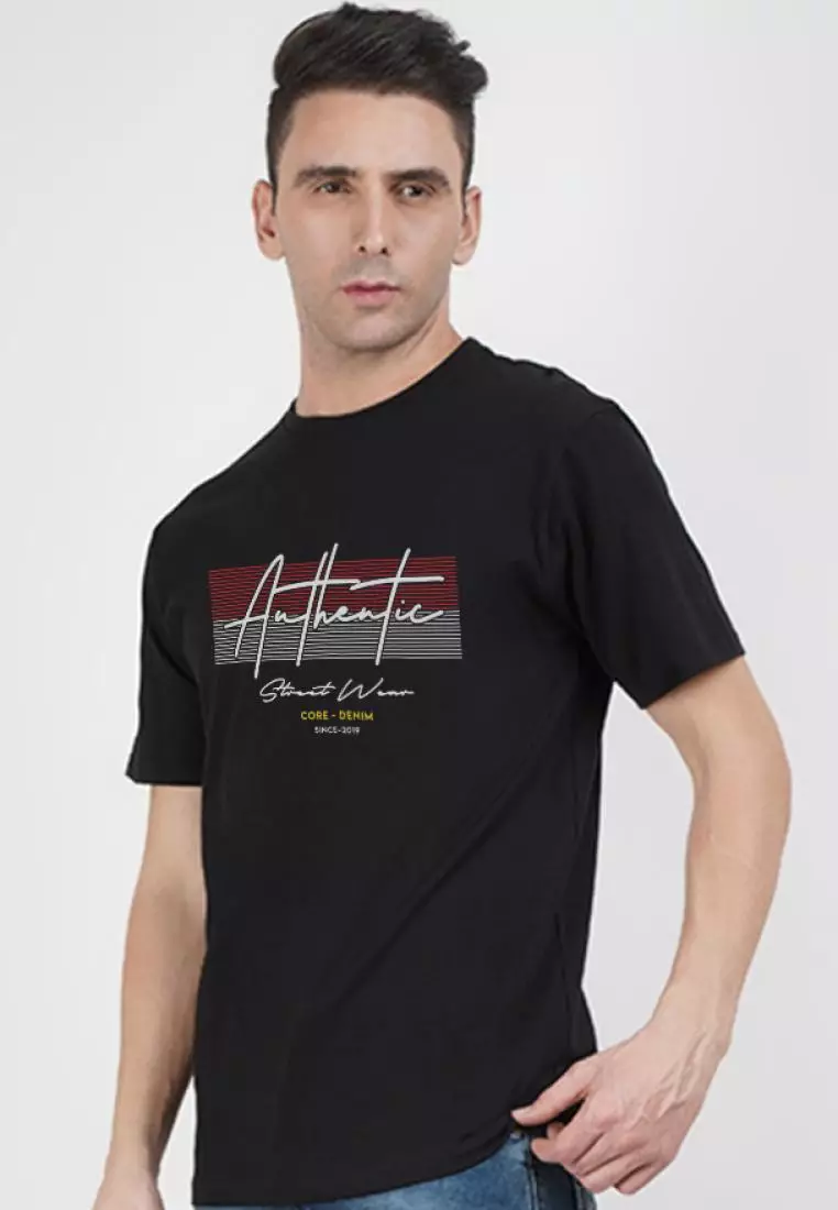 街头服饰正宗图案黑色棉质短袖休闲 T 恤