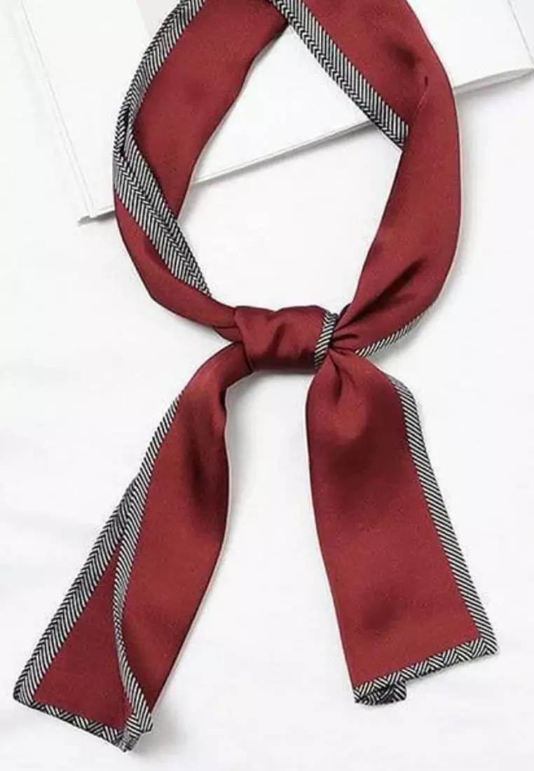 Aksesoris Wanita Plain With Zig Zag Border Twilly Skinny Multi purpose Scarf Leher Red Wine,White & Black