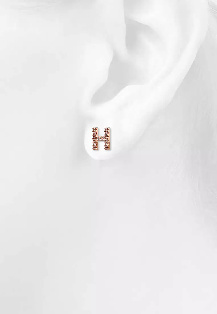 Solid 925 Sterling Silver Glamour Alphabet Letter Earrings Rose Gold - H
