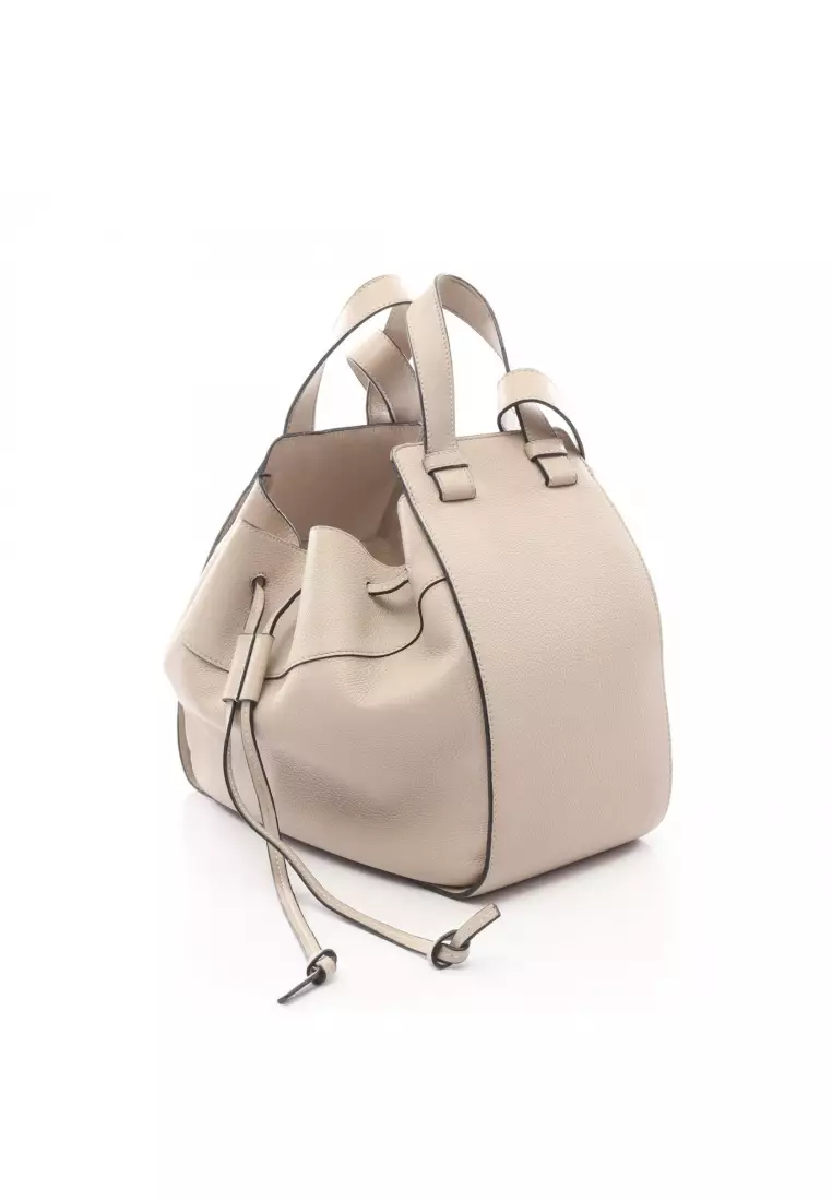 Pre-Loved LOEWE hammock drawstring bag Medium Shoulder bag leather Gray  beige 2WAY