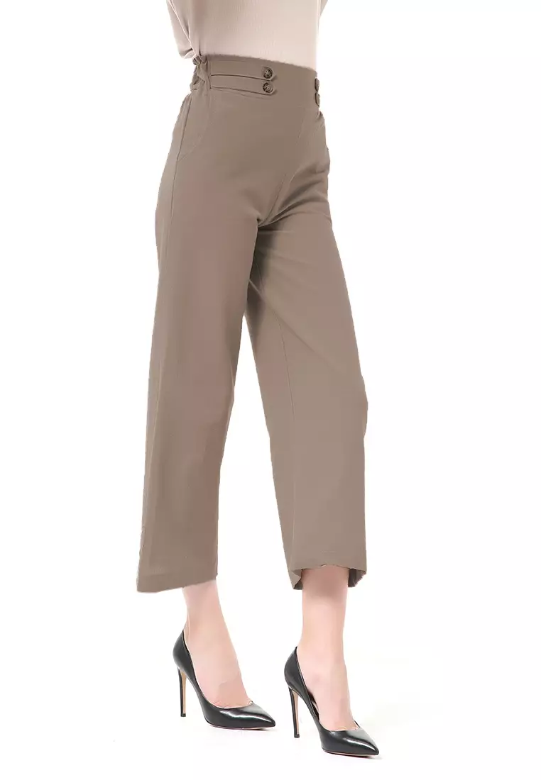 Stella Casual Long Pants Wanita Celana Kulot Highwaist Double Botton Material Linen ORIGINAL - Choco