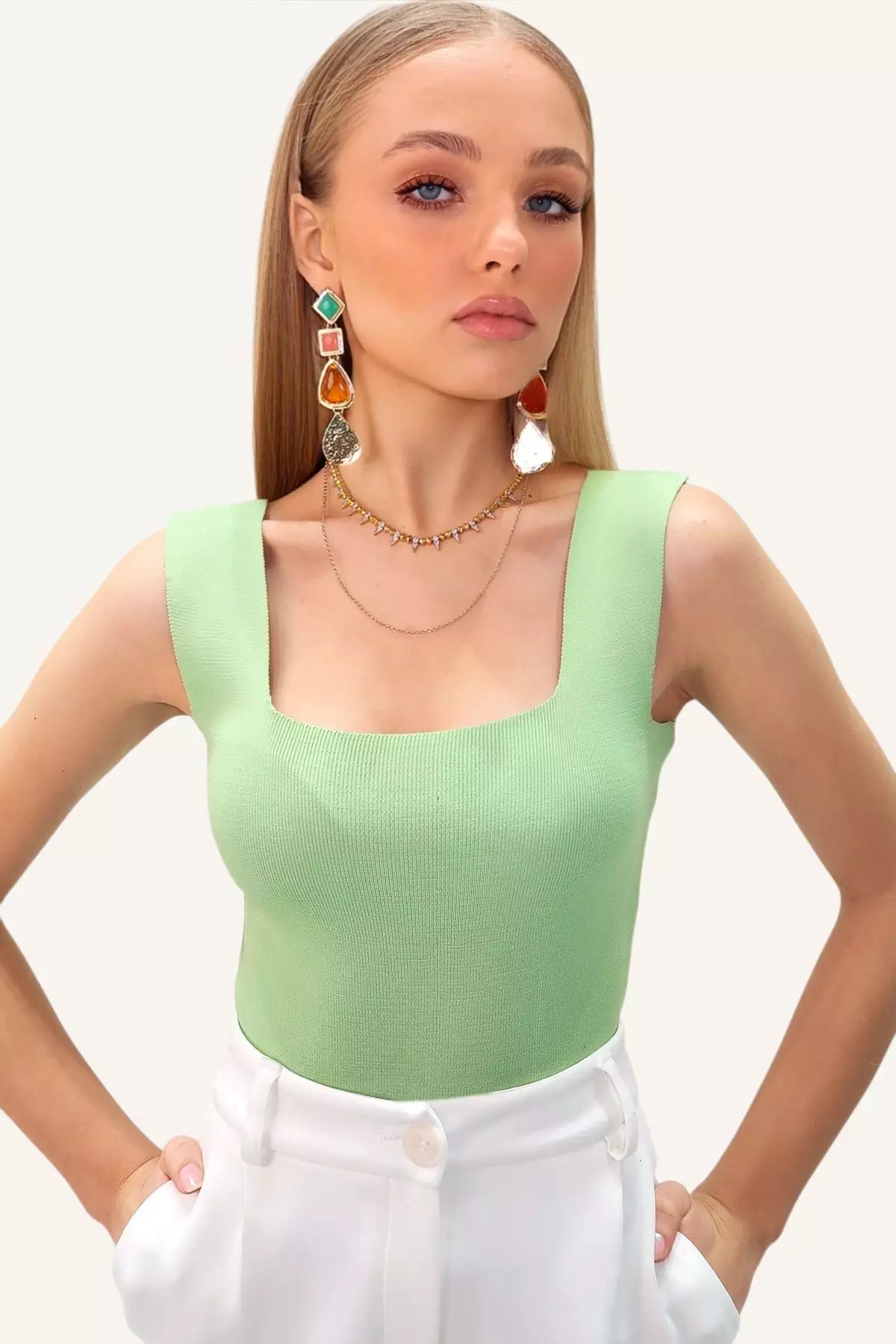 Women's Mint Green Square Neck Slim Mercerized Blouse