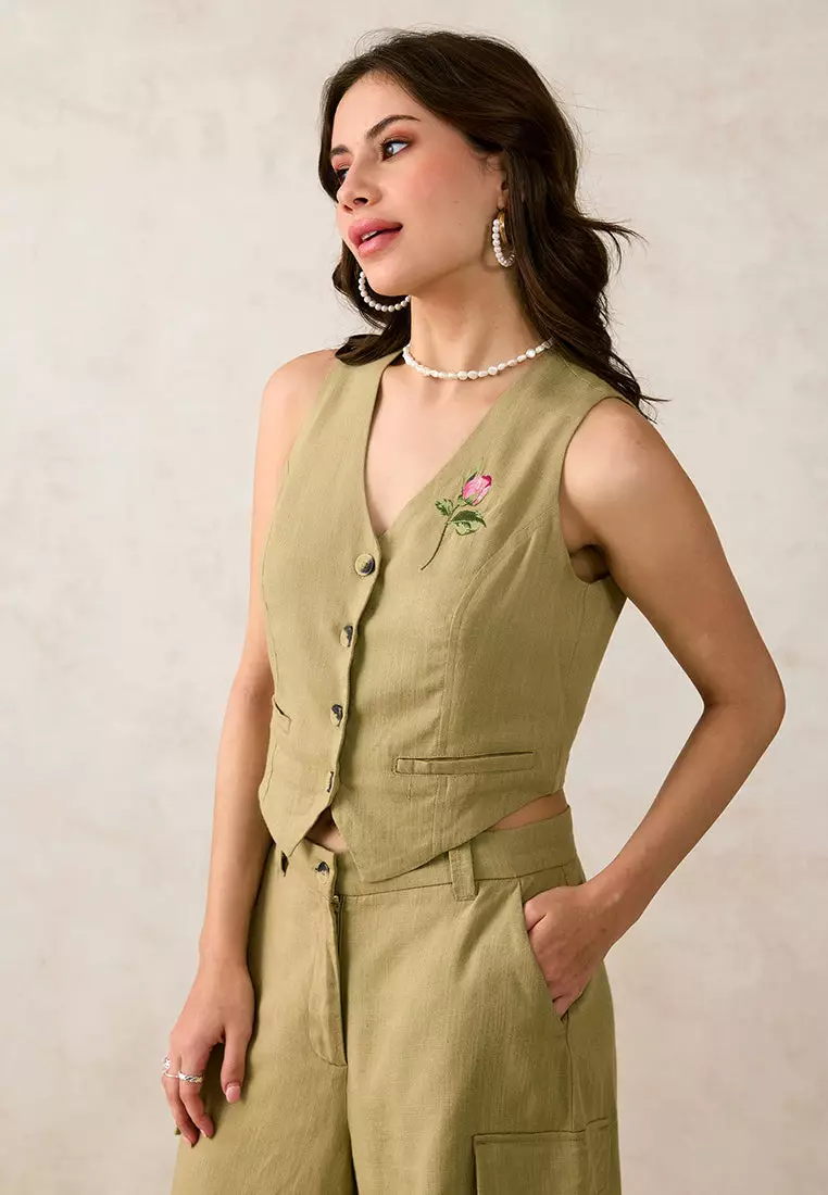 VIRGIO Linen Olive Rose Embroidered Vest