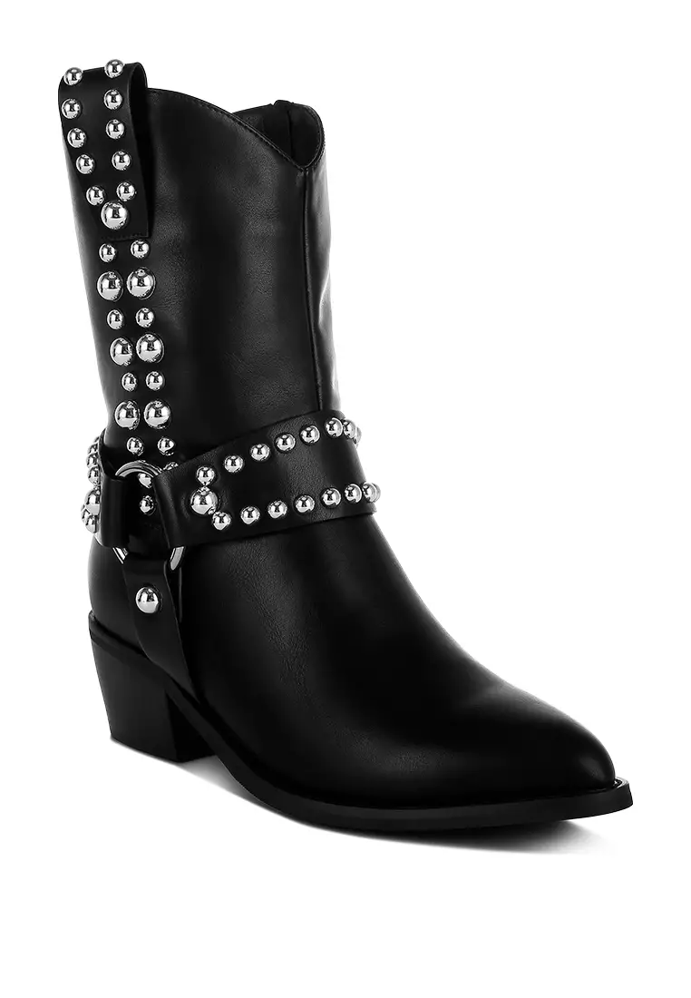 Studded Harness Detail Boots in Black