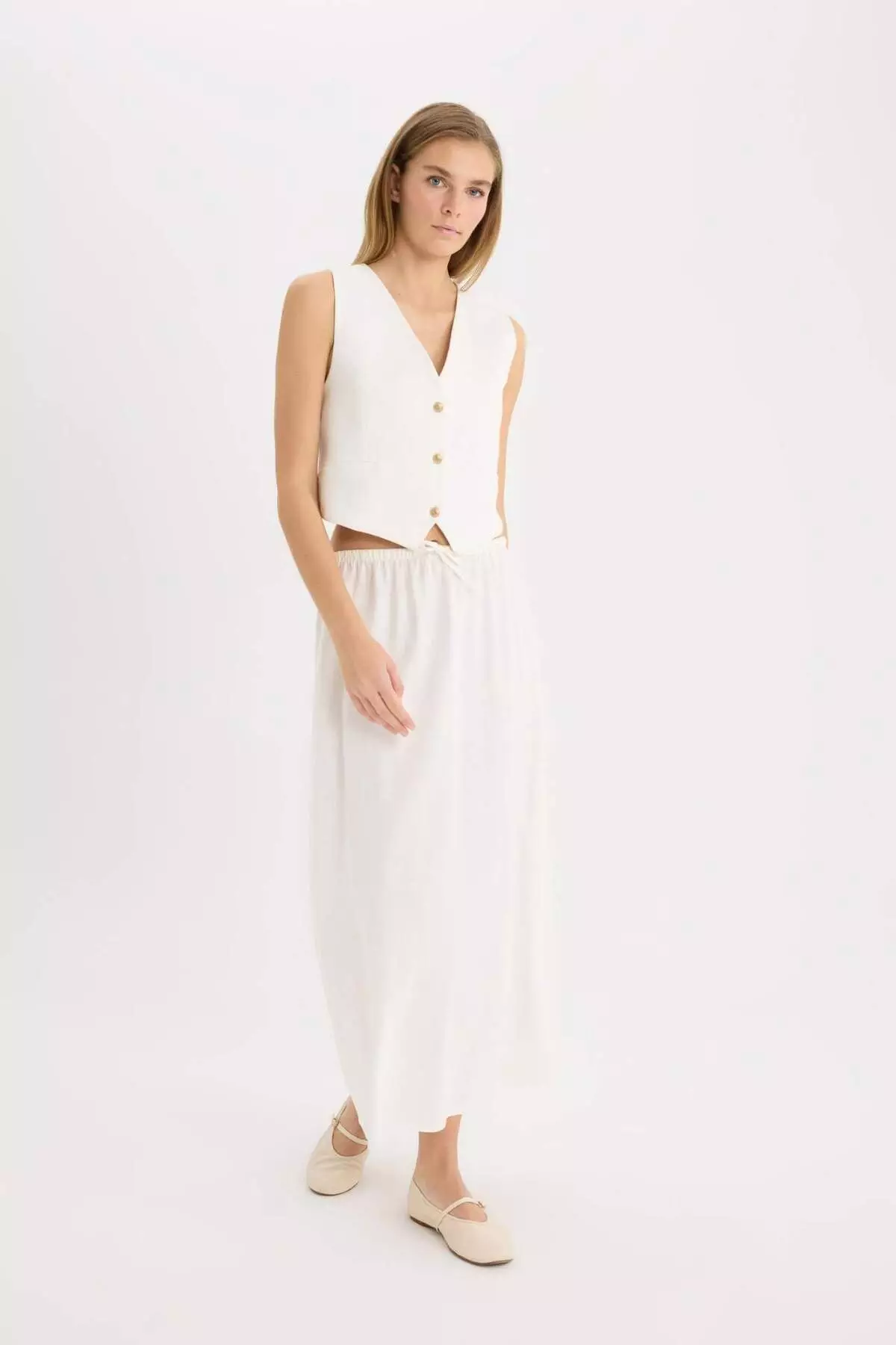 Coool A-Line Regular Waist Linen Blended Maxi White Skirt D8274Ax25Sm