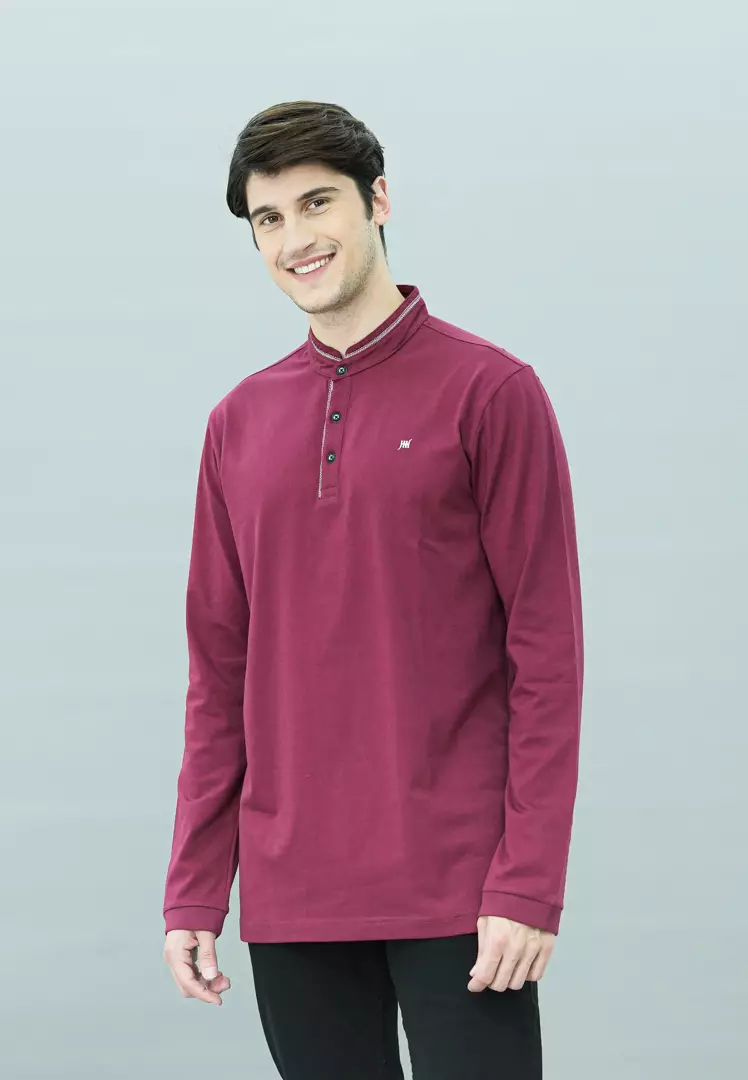 Johnwin - Kaos Henley - Kaos Lengan Panjang - Kerah Shanghai - Katun Premium