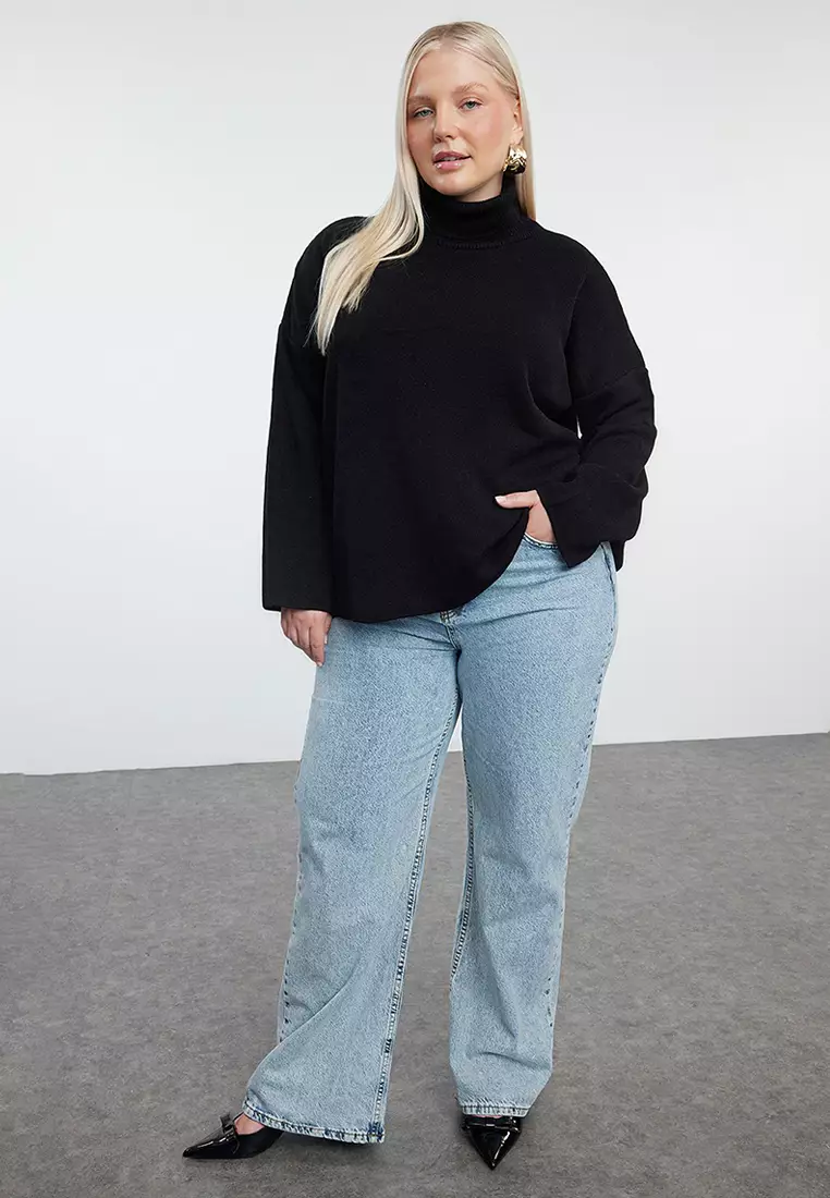 Black Turtleneck Wide Pattern Knitwear Sweater Tbbaw25An00019