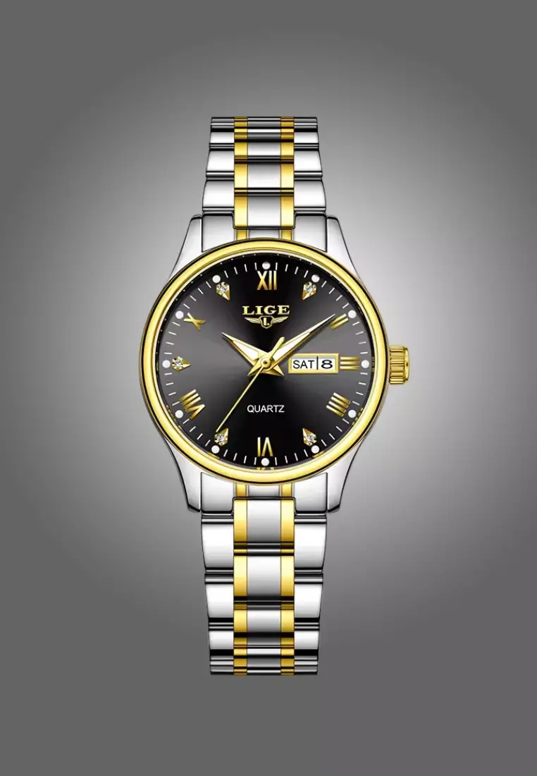 Ladies Day/Date Light Metal Alloy Quartz Watch, 29mm Diameter, Stainless Steel Bracelet