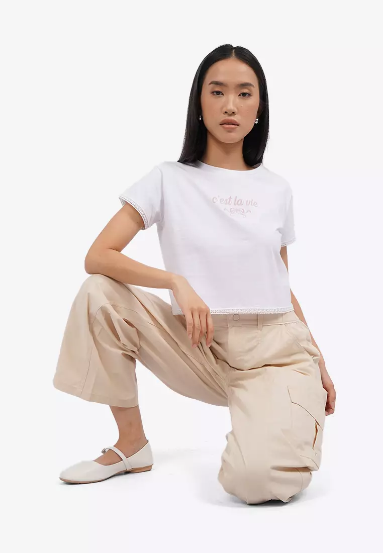 Lace Trim Short Sleeve Graphic T-Shirt