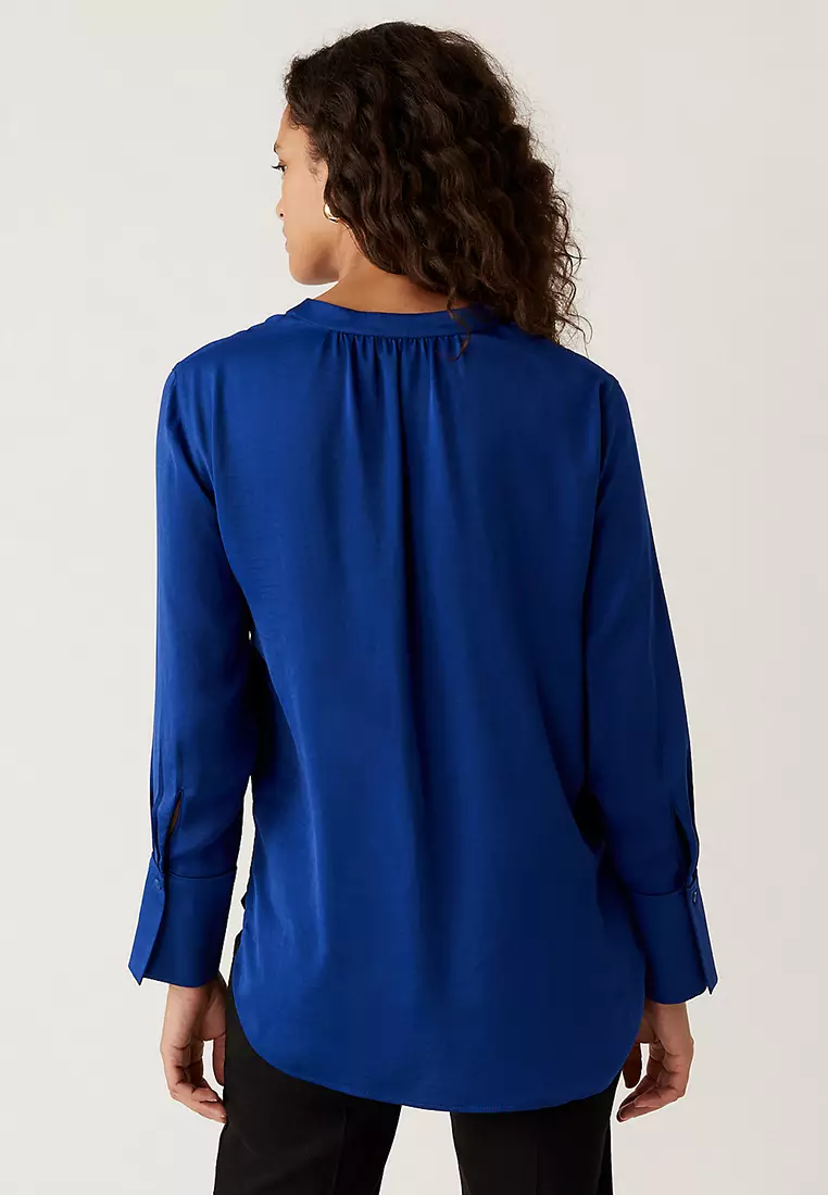 Satin V-Neck Long Sleeve Popover Blouse