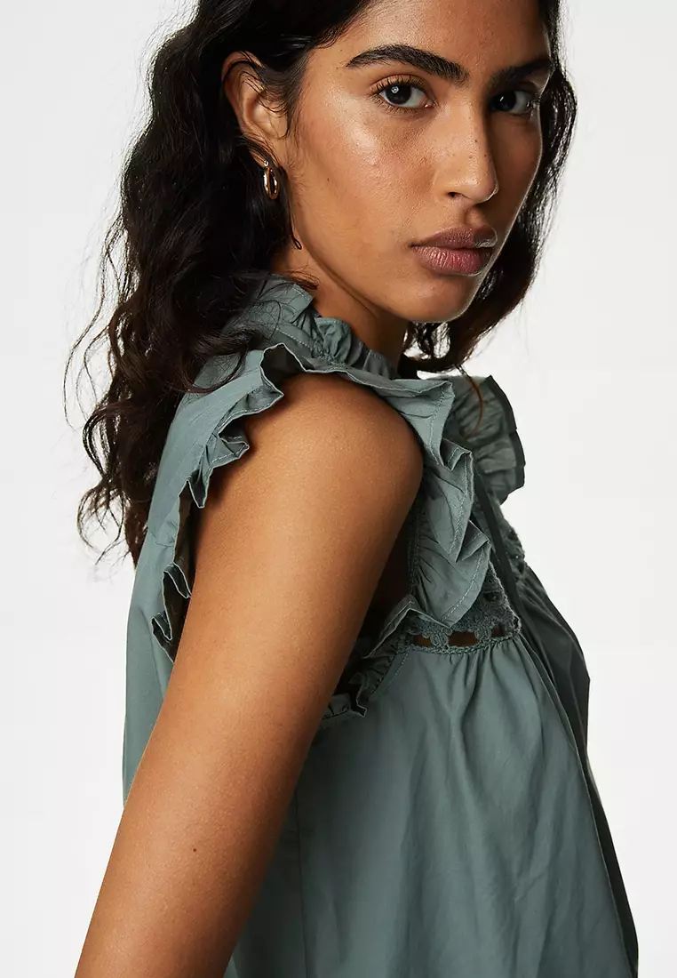 Pure Cotton V-Neck Lace Insert Top