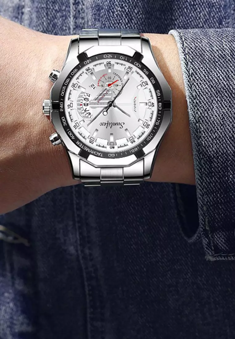 Jam Tangan Pria 9094 Original Kuarsa Kalender Tali Stainless Steel Jam Tangan Cowok(Kotak + Kartu Garansi) silver white