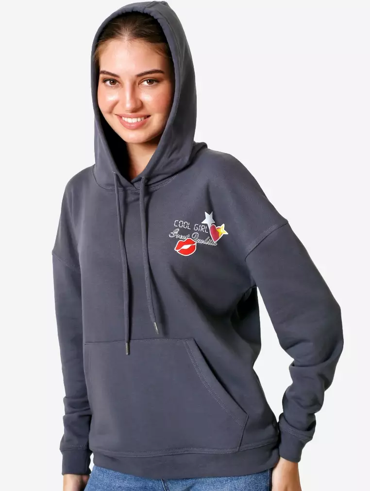 TONIQUE Wanita Katun Hoodie Regular Fit Graphic Hoodie Abu-abu KELLY women's regular fit cotton hoodie