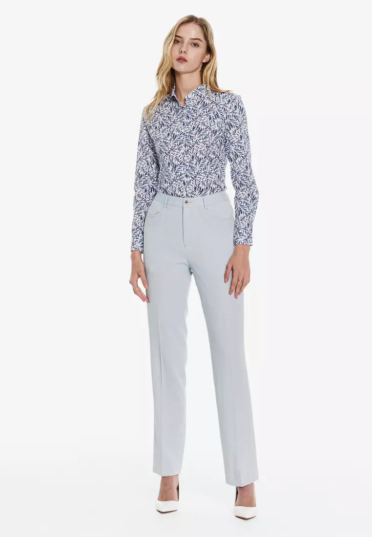 藍葉繚繞一字領修身版長袖襯衫