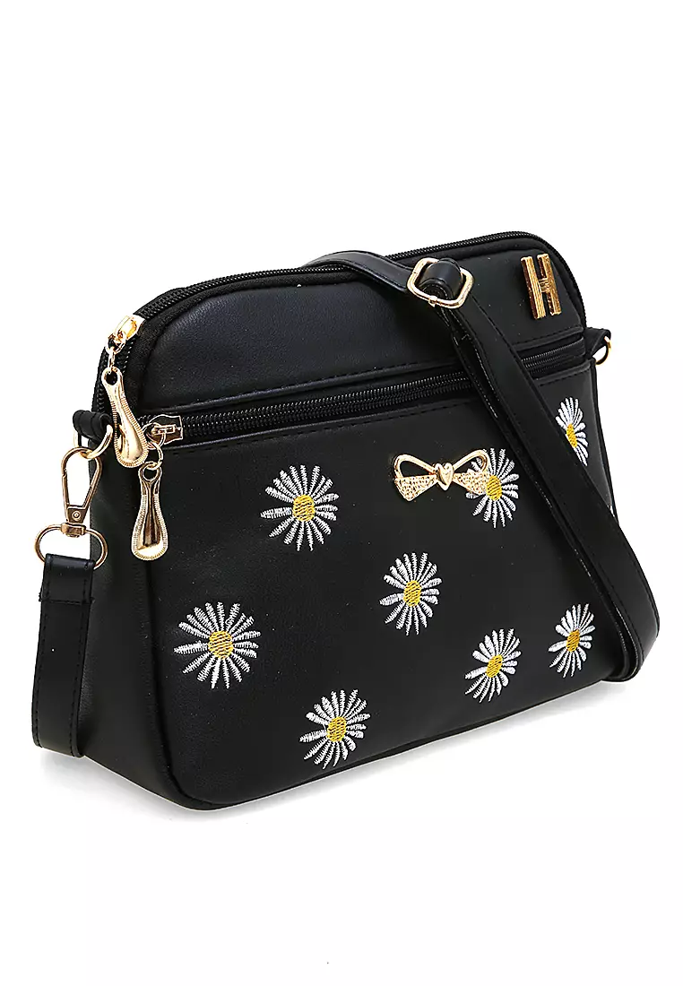 Werlyn Tas Selempang Wanita Daisy Ribbon Love Casual Large Storage Material Leather Kulit ORIGINAL - Black