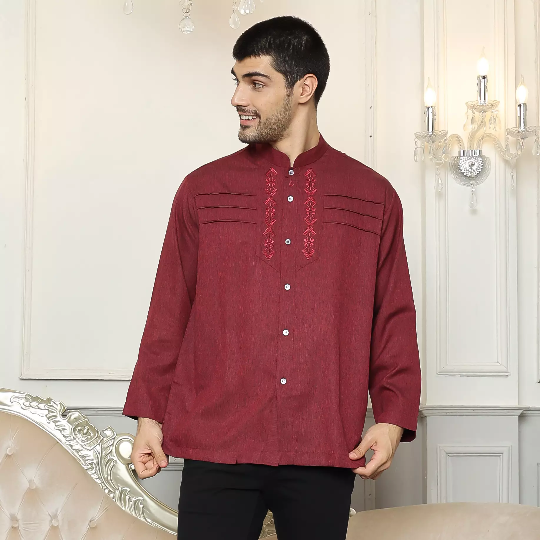 Baju Koko Sarimbit 38 Maroon Lengan Panjang