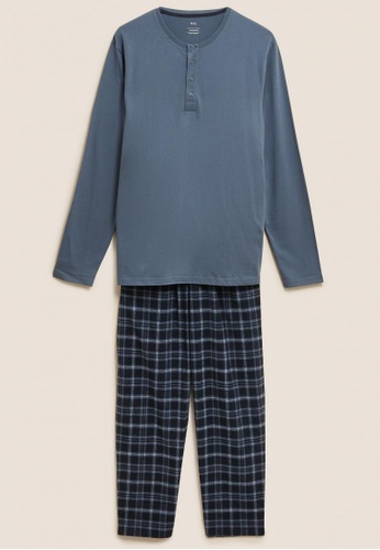 MARKS & SPENCER multi M&S COLLECTION Brushed Cotton Henley Check Pyjama Set C1C43AAC22C01CGS_1