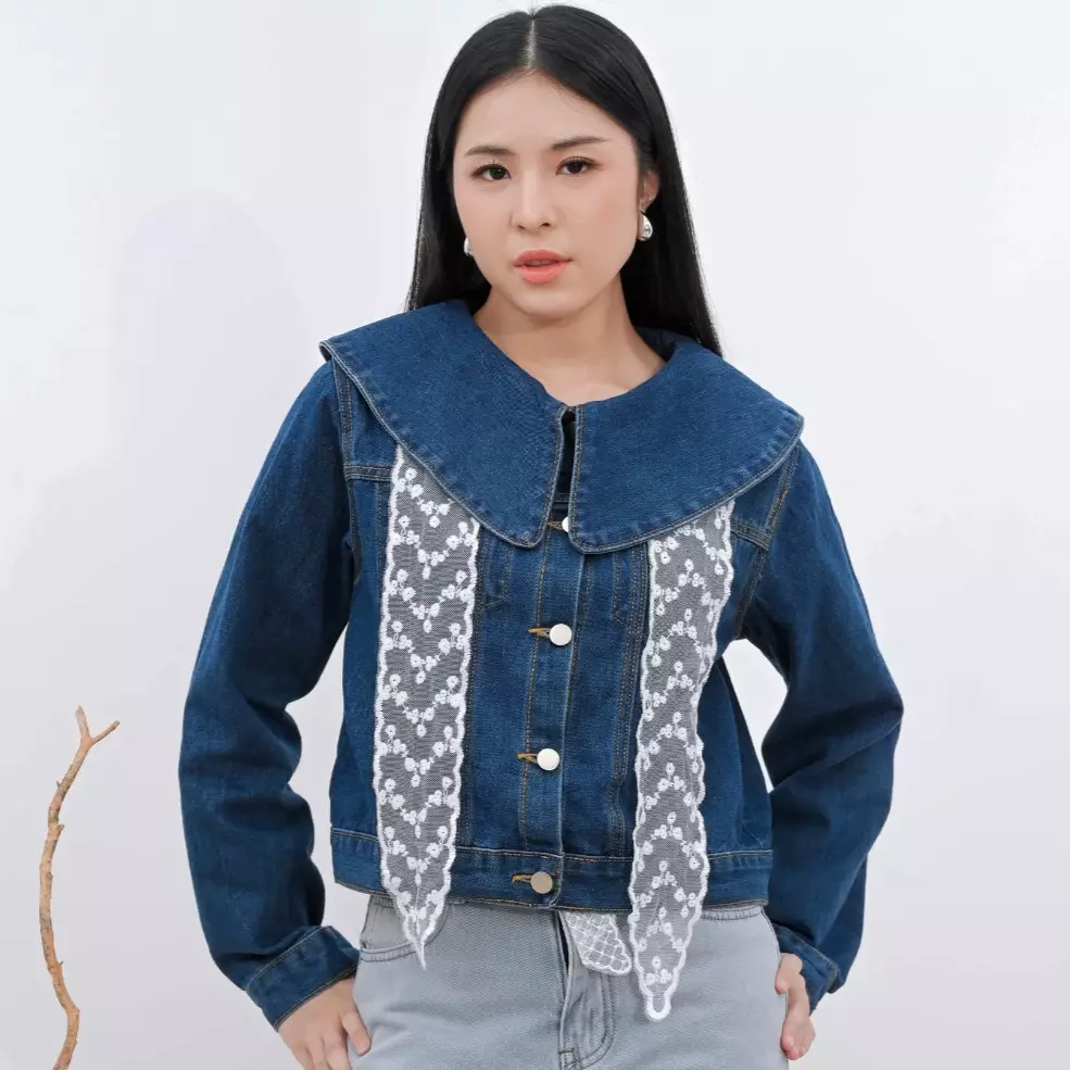 Elena Cropped Denim Lace Jacket in Navy
