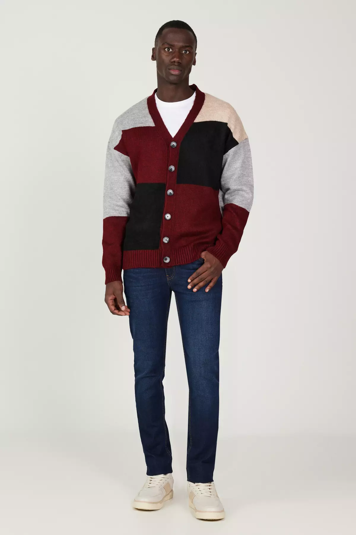 Burgundy-Gray Standard Fit Regular Cut V-Neck Fleece-Lined Soft Textured Knitwear Cardigan