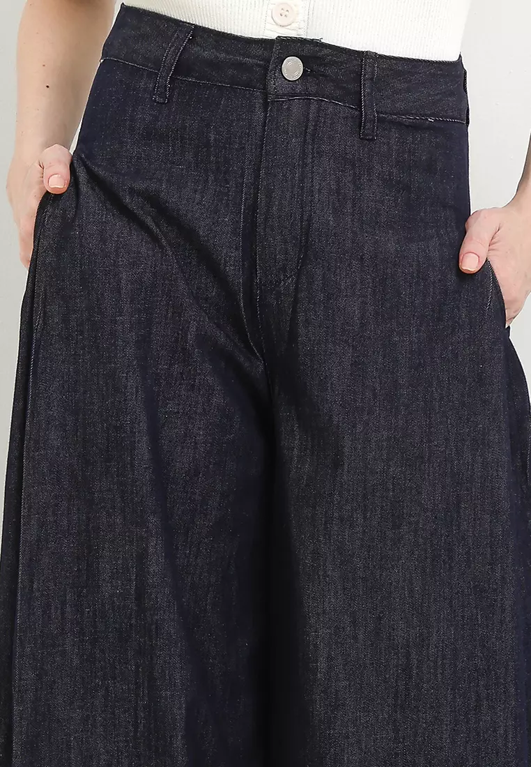 Inverted Side Pleats Wide Legs Denim Trousers W/ Pocked