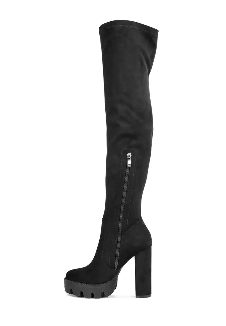 London Rag Black High Block Heeled Faux Suede Long Boots 2024 Buy