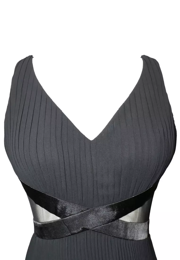 性感透視壓褶撞色雪紡連衣長裙