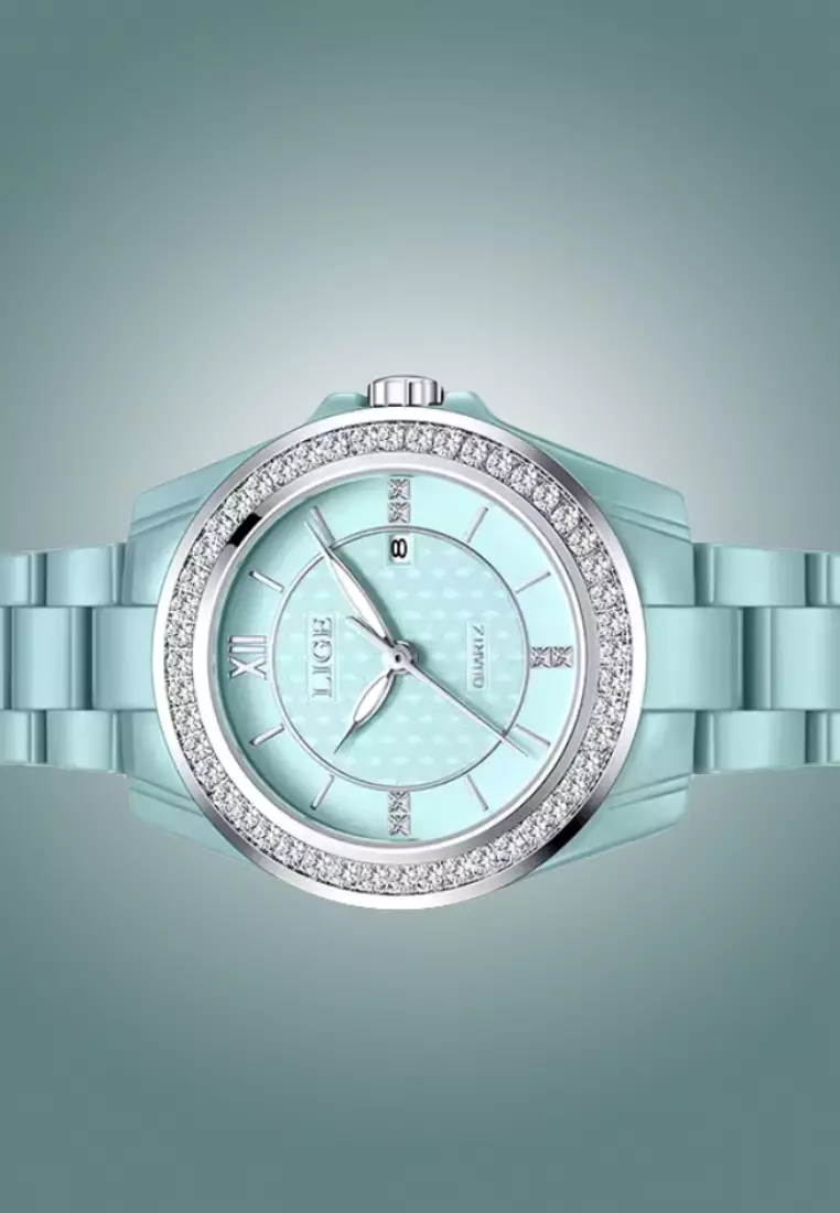 Ladies Alloy Quartz Watch, 32mm , Paved with Crystals, Ceramic Bracelet
