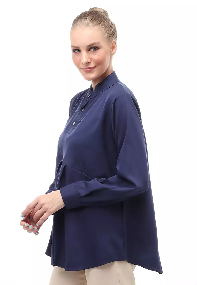 Blouse Atasan Wanita Motif Polos Design Simple Front Button Opening Regular Fit - Navy