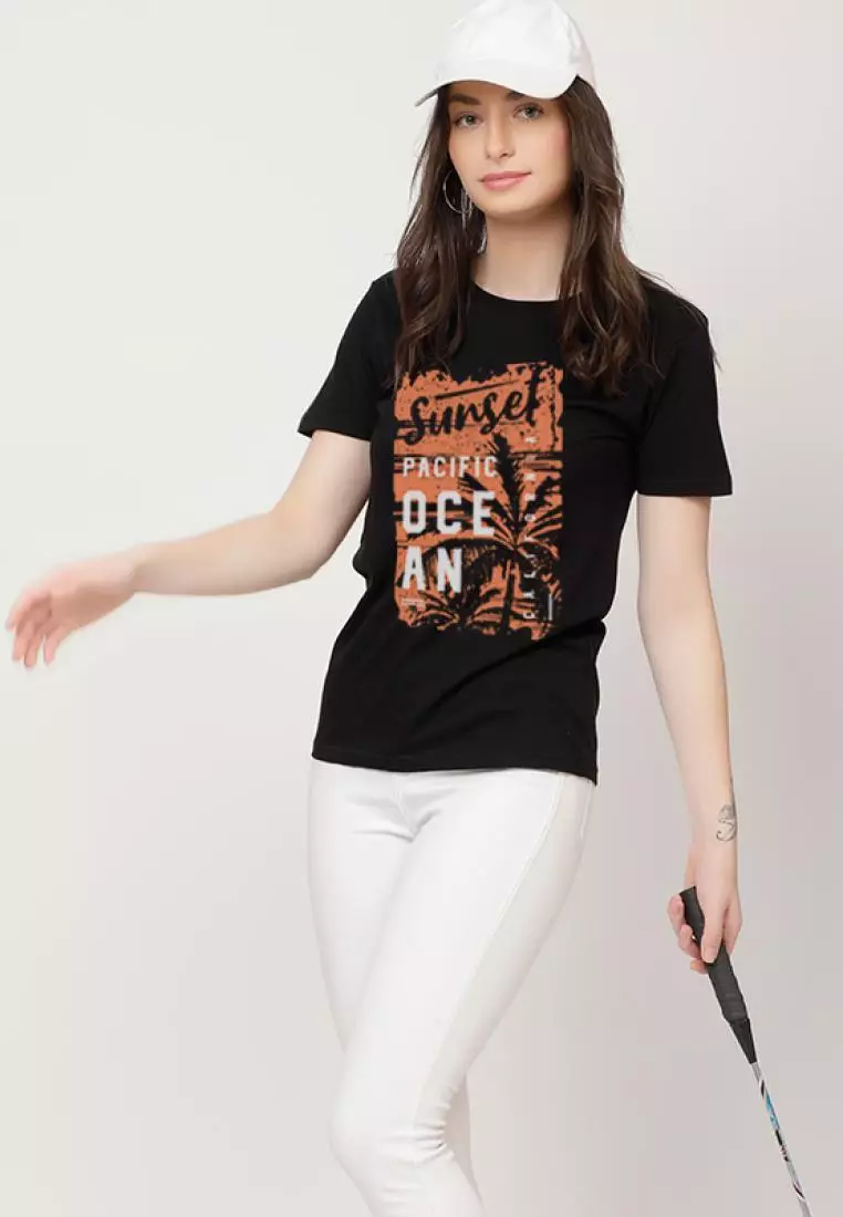 Sunset PrintClassic Relaxed Short Sleeve Stylish Black Cotton Casual Graphic Print Tee/TShirt