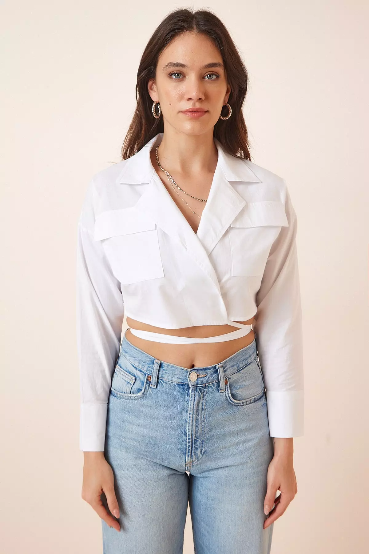 Weekend Wishes White Tie-Front Long Sleeve Crop Top