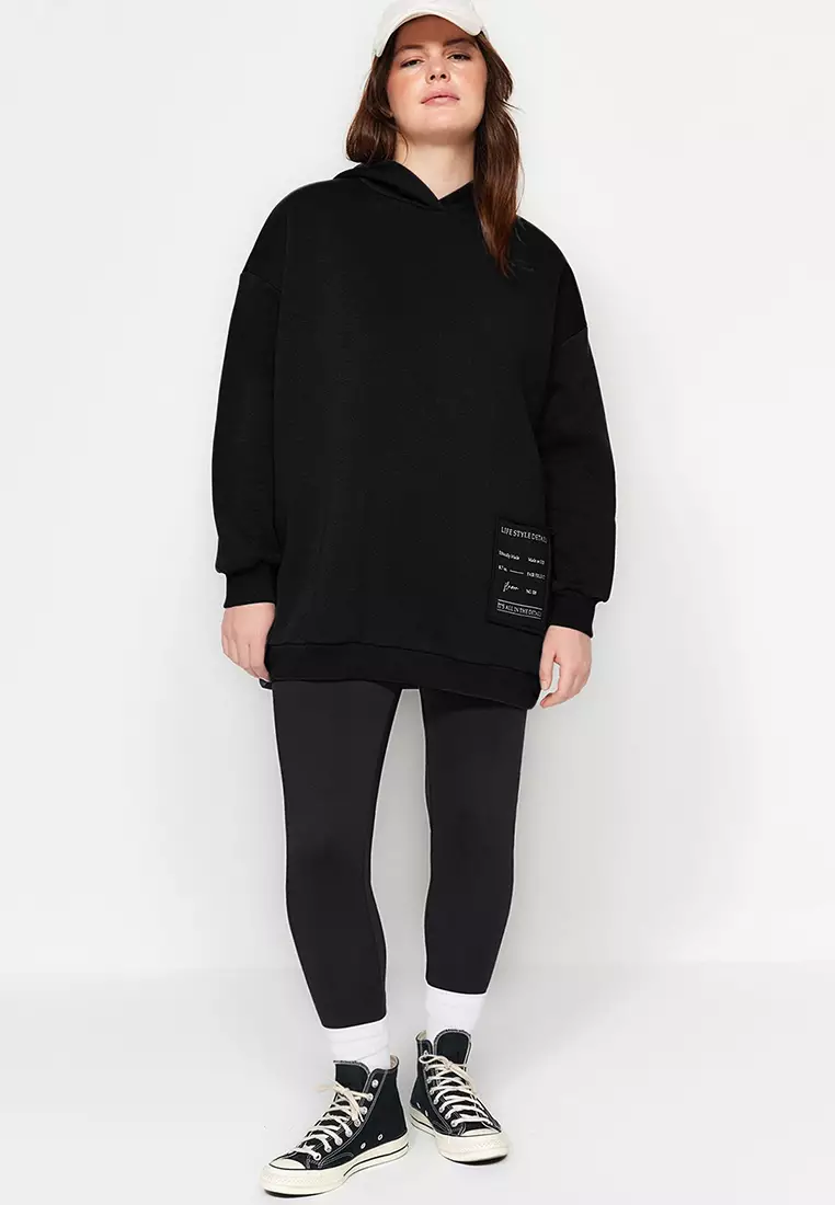 Black Hooded Slogan Detailed Fleece Thick Knitted Sweatshirt Tbbaw24Ao00018