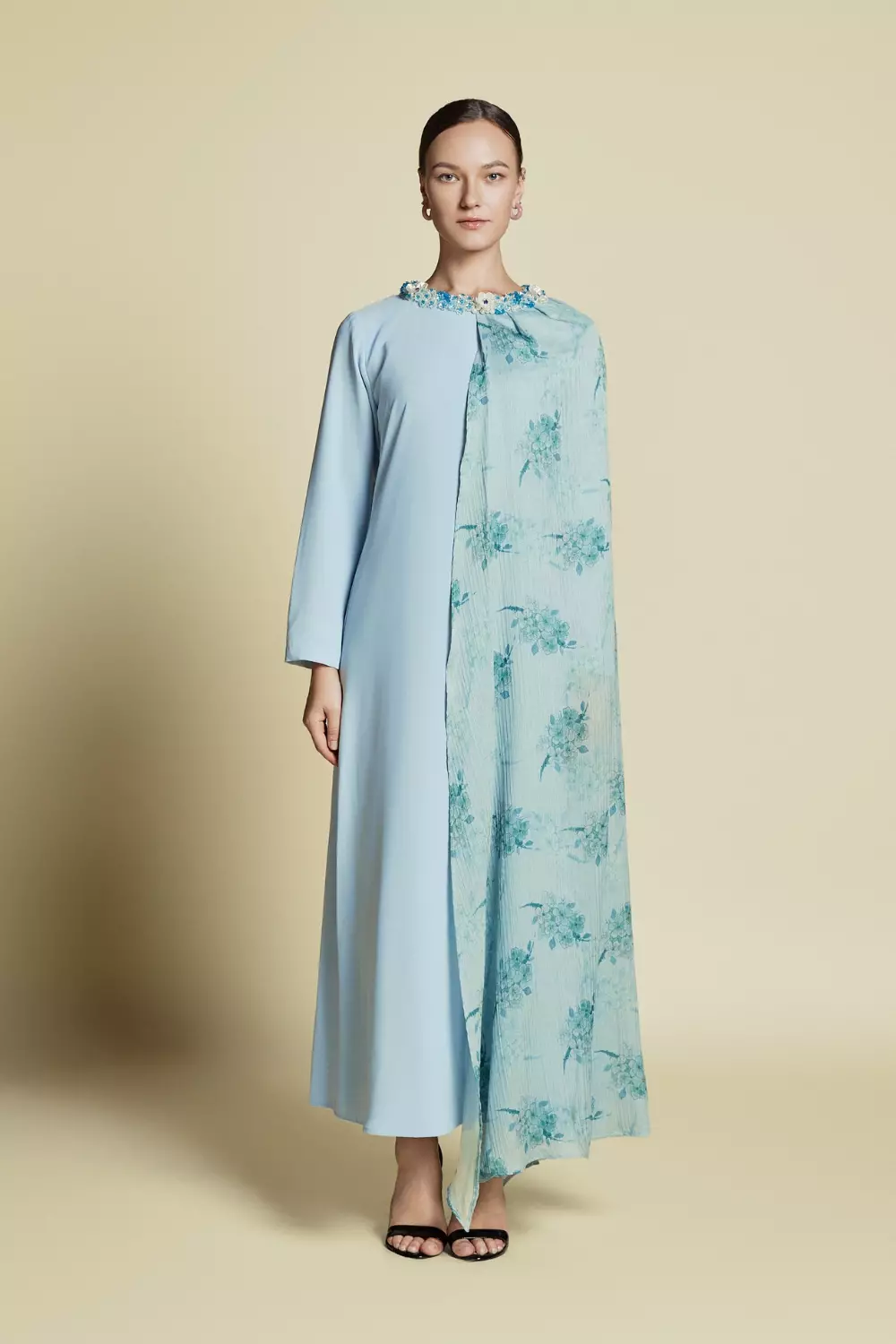 Demure Signature - Asymmetrical Side Cape Kaftan in Silk Pastel Green - Dress