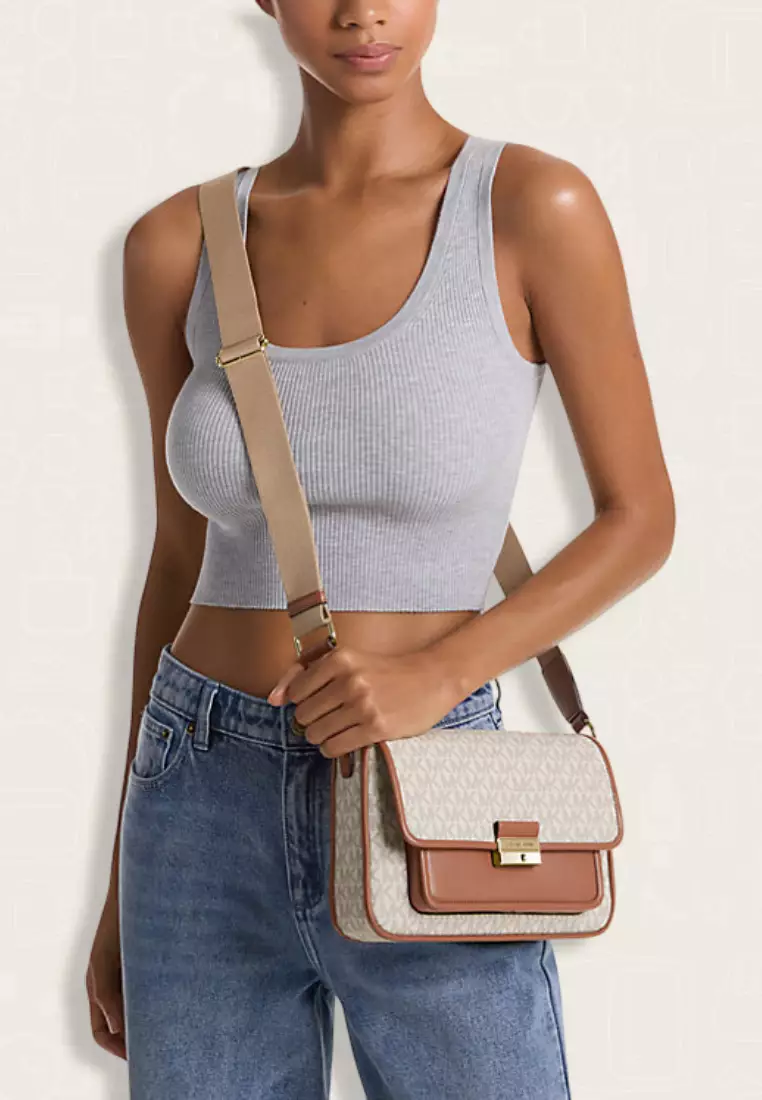 Michael Kors Bradshaw Medium Signature Logo Messenger Bag Vanilla