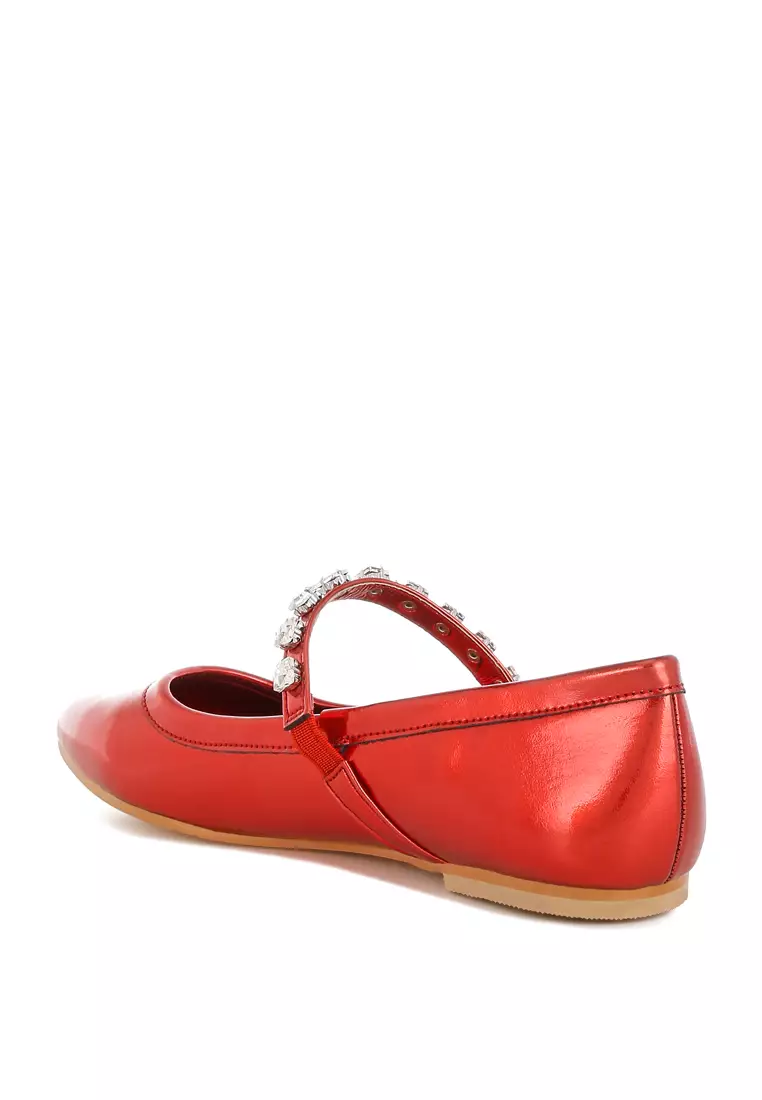 Sepatu Balerina Mary Jane Metalik Warna Merah