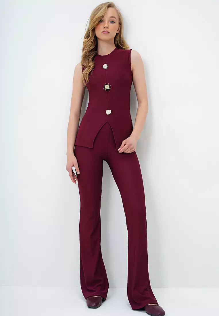 Women's Burgundy Crew Neck Gold Buttoned Ottoban Blouse And Flared Trousers Set Alc-X13981