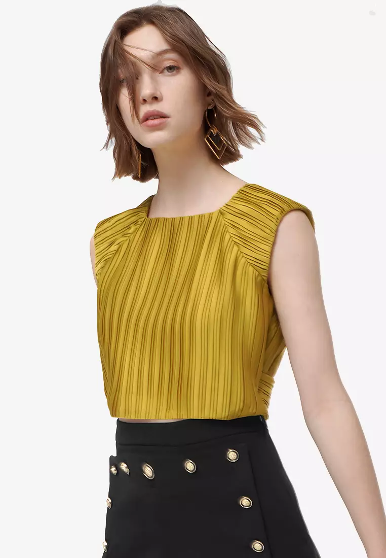 Square Neck Back Cutout Pleated Top