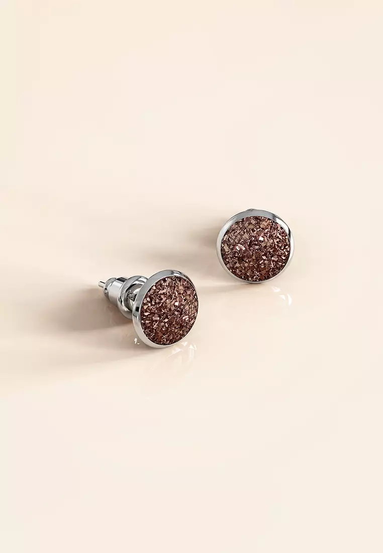 Amalgam White Gold Layered Pink Stone Stud Earrings 15mm