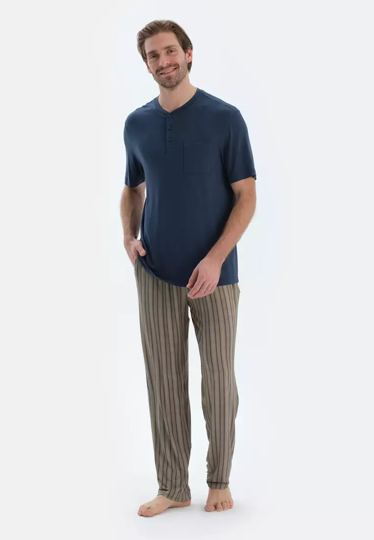 Navy T-Shirt & Trousers, Crew Neck, Regular, Long Leg, Short Sleeve Sleepwear for Men