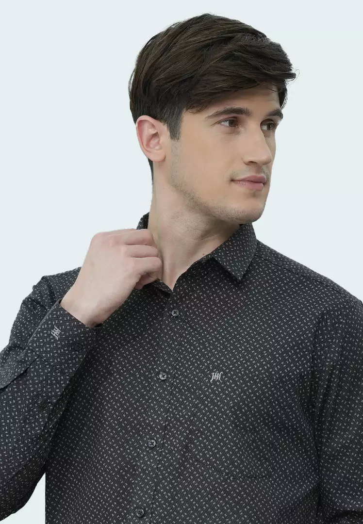 Johnwin - Kemeja Formal - Kemeja Motif Lengan Panjang RegularFit Hitam