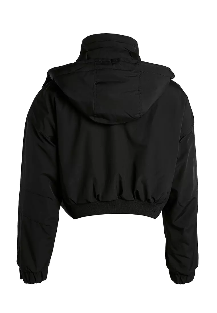 Drawstring Cropped Woven Jacket in Black