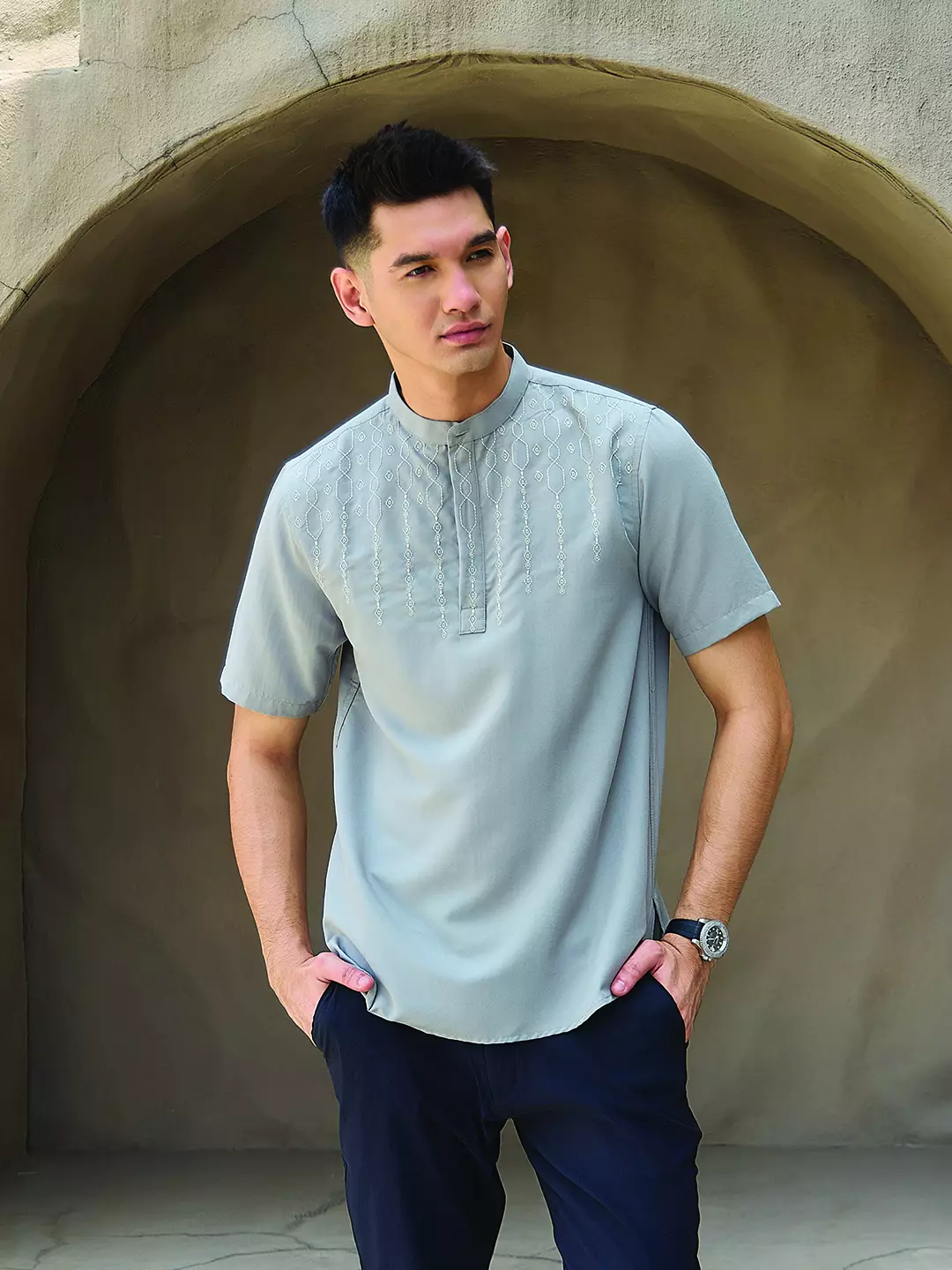 OXCON Kemeja koko Tangan Pendek Bordir Baiq Mid Grey