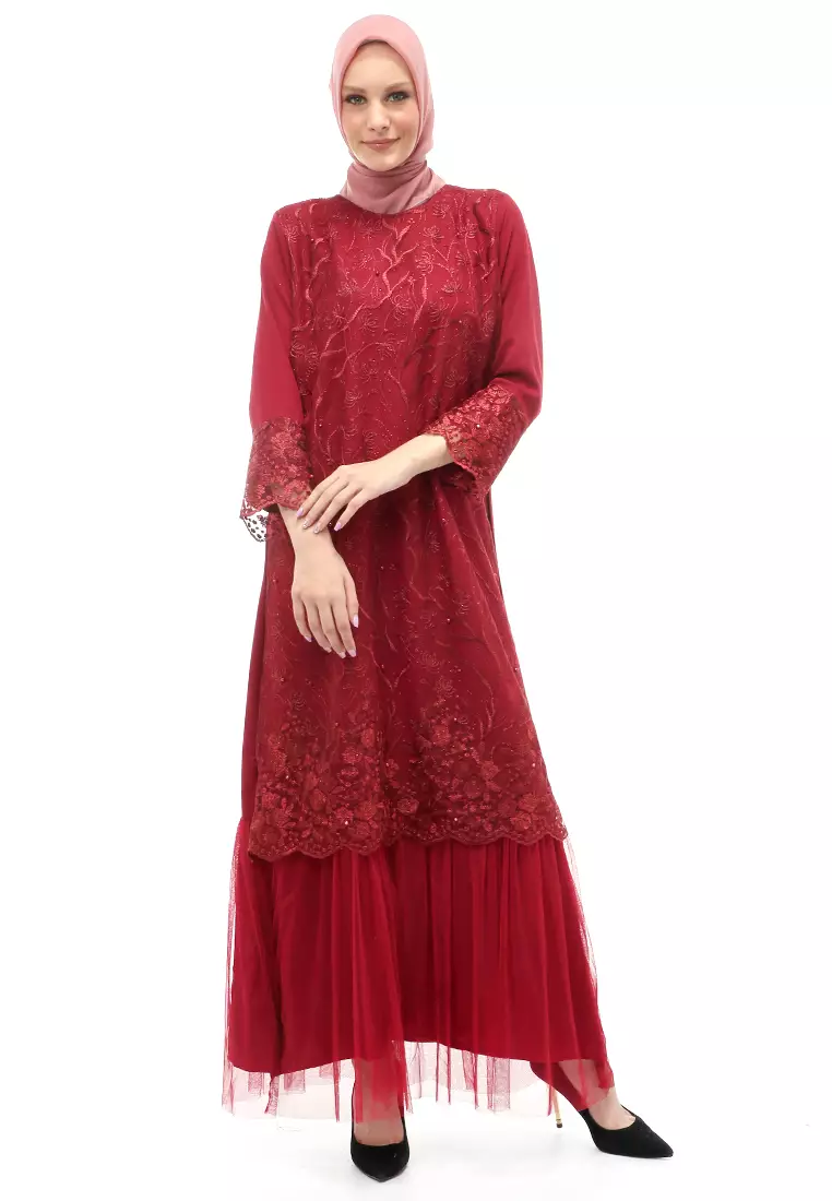Diana Gamis Brukat Wanita Muslimah Lapis Moscrepe Premium Quality - Maroon