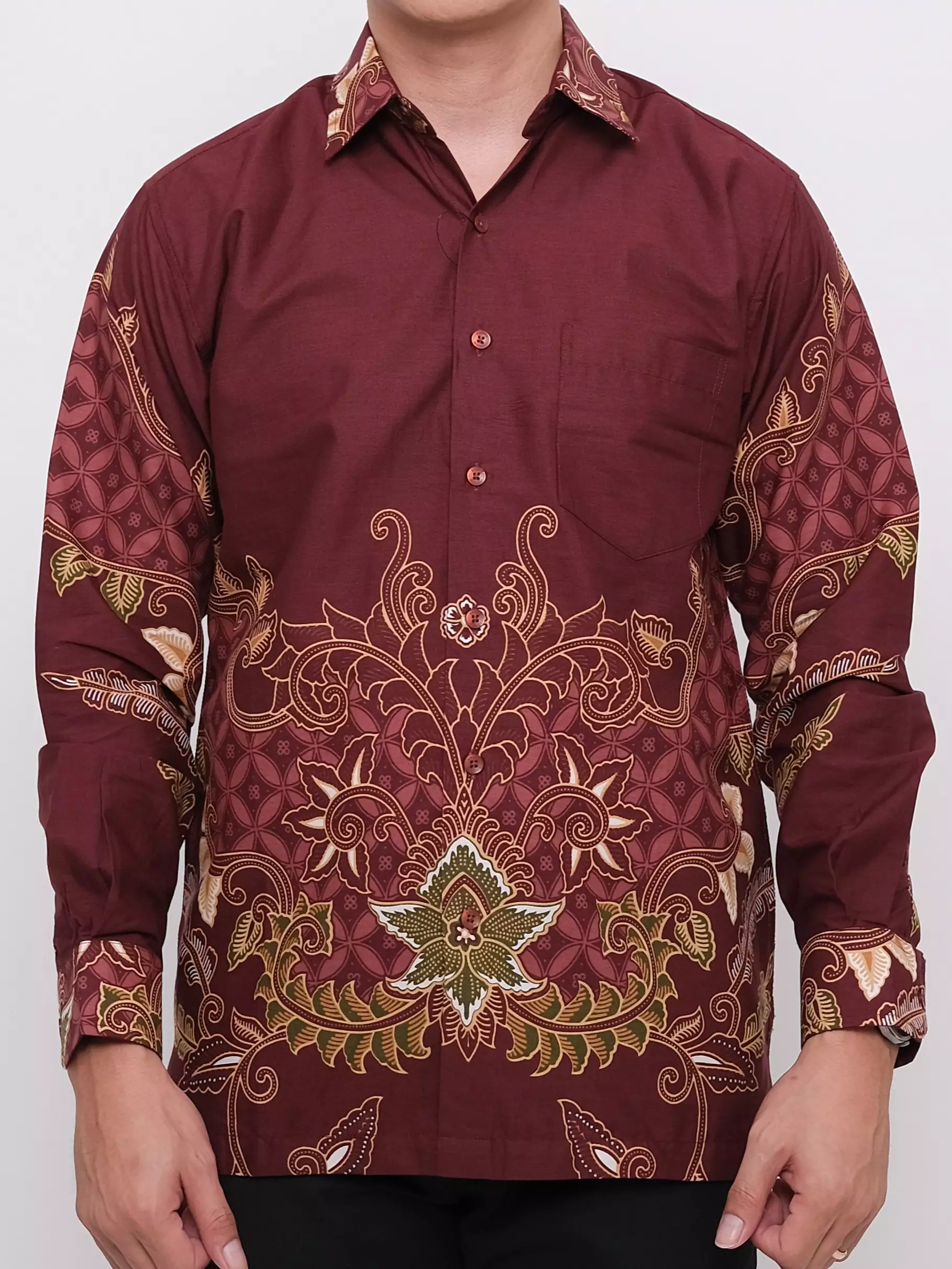 Andre Michel Kemeja Batik Lengan Panjang Maroon Motif Kembang 16745