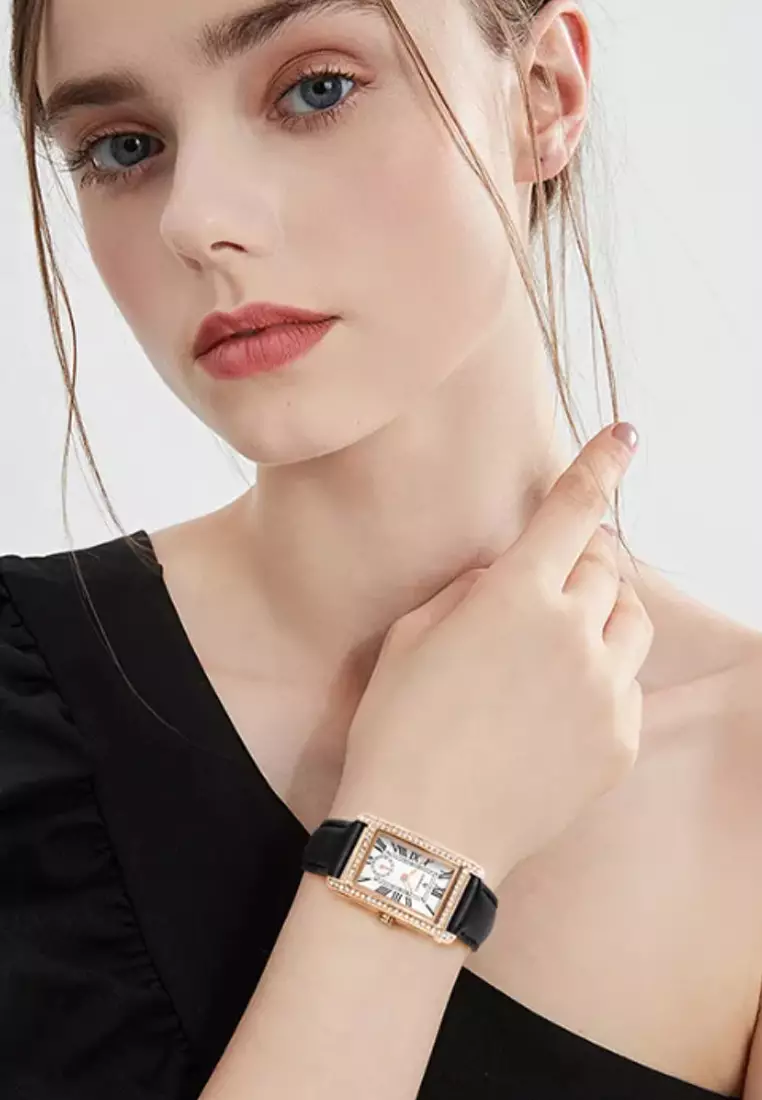 Ladies IP Rose Gold Color Stainless Steel Quartz Watch, Black Leather Strap