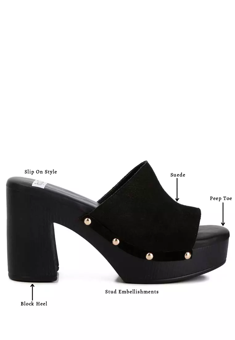 Buy Rag CO Black Suede High Block Heel Clogs 2025 Online