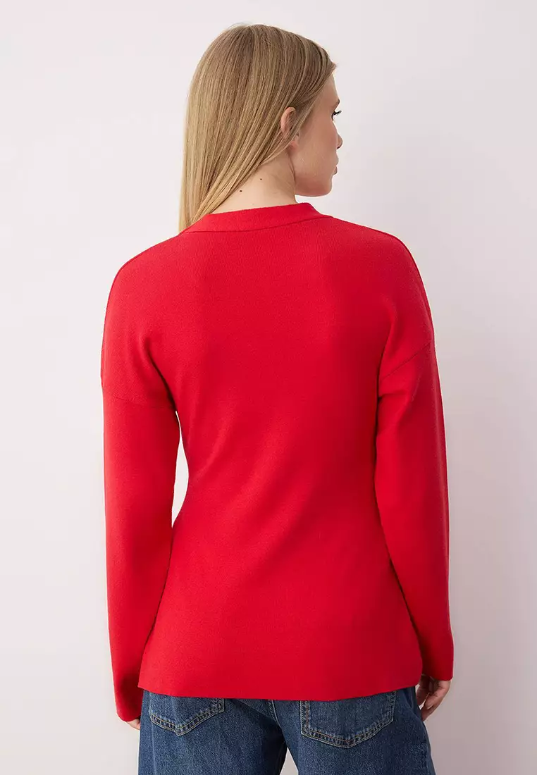 Red V Neck Mercerized Look Premium Yarn/Special Yarn Knitwear Cardigan