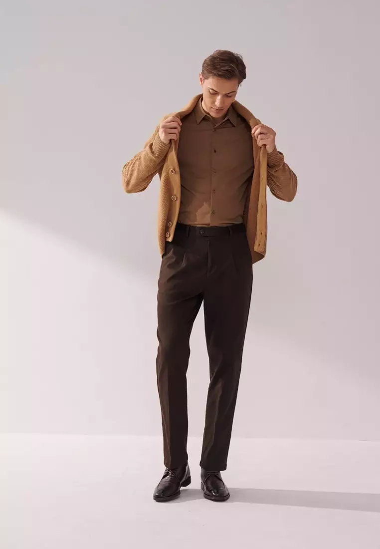 Dark Brown Regular-Fit Stretch Casual Pants